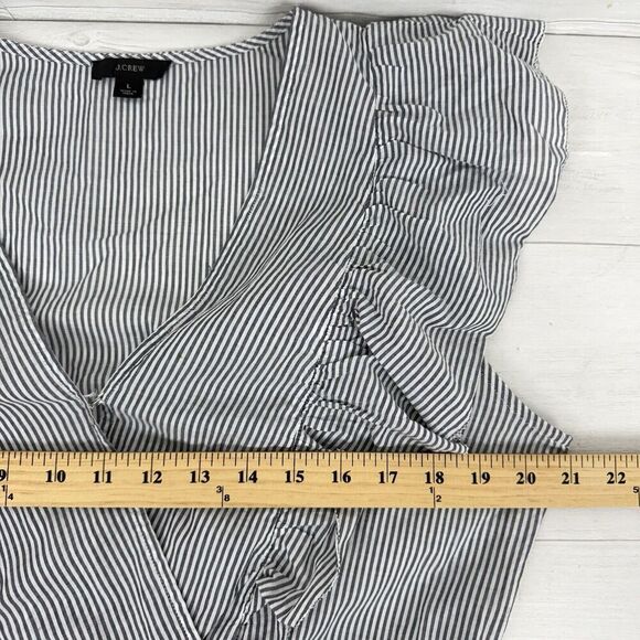 J. Crew Ruffle Sleeve Cotton Voile Midi Dress Size L Striped Gray V Neck Cottage - Picture 12 of 16